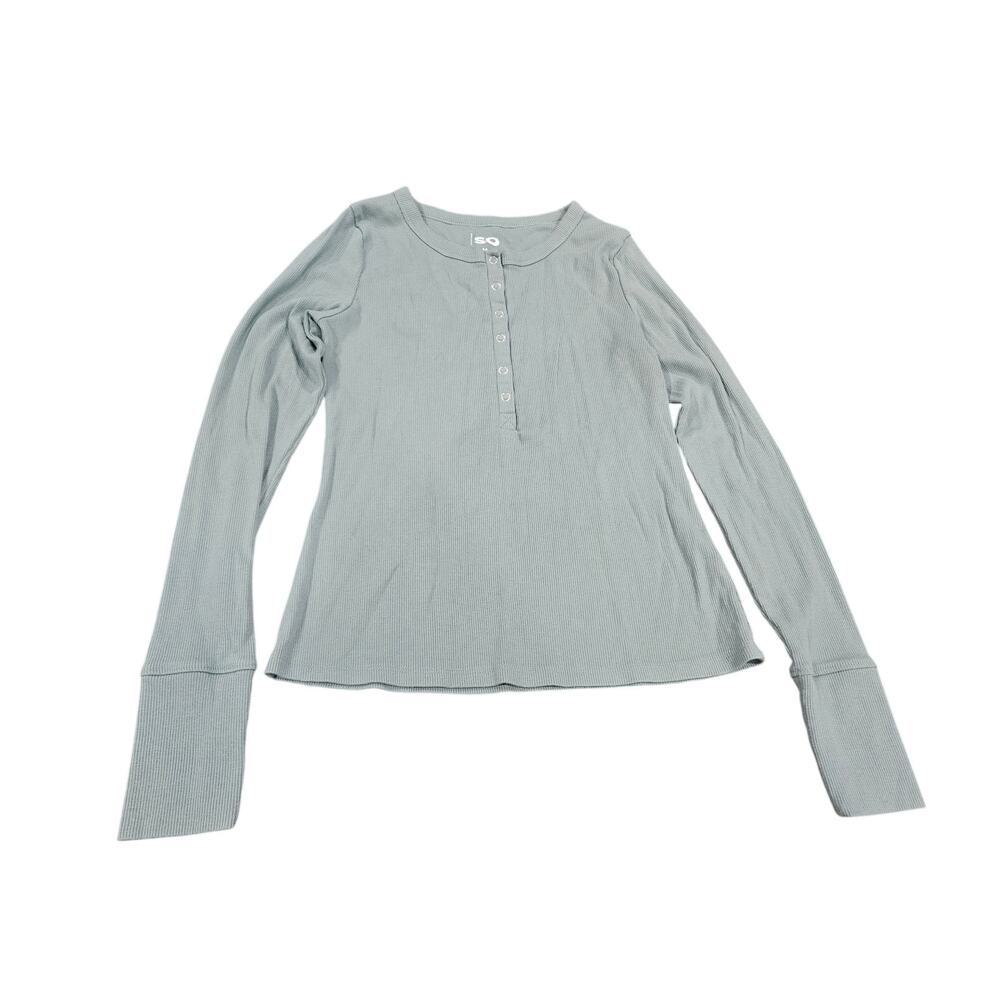 Y2K Soft Girl Ribbed Henley Long Sleeve Top Teal Button Front Stretch M